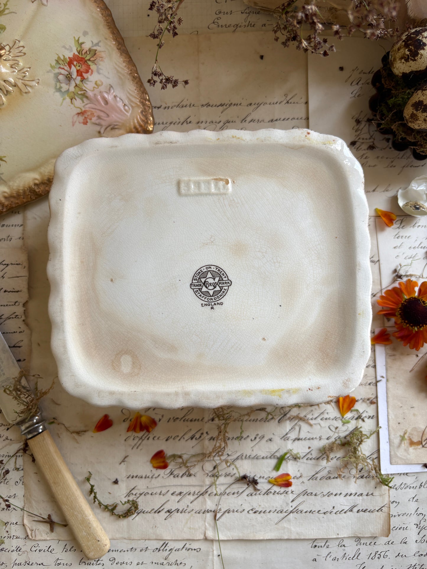 Vintage Floral Ceramic Butter Dish with Gilded Finial Lid