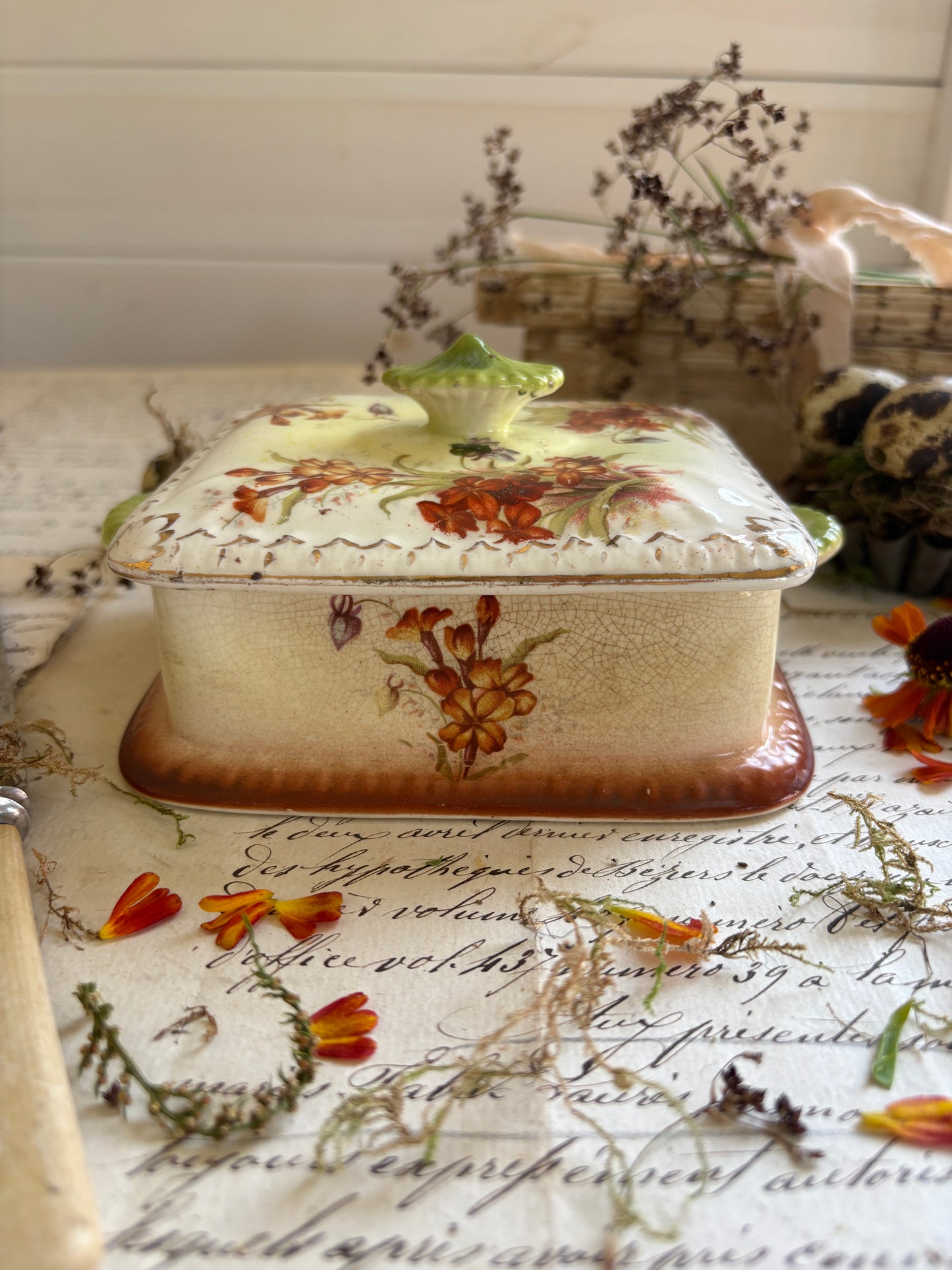 Vintage Floral Ceramic Butter Dish with Gilded Finial Lid
