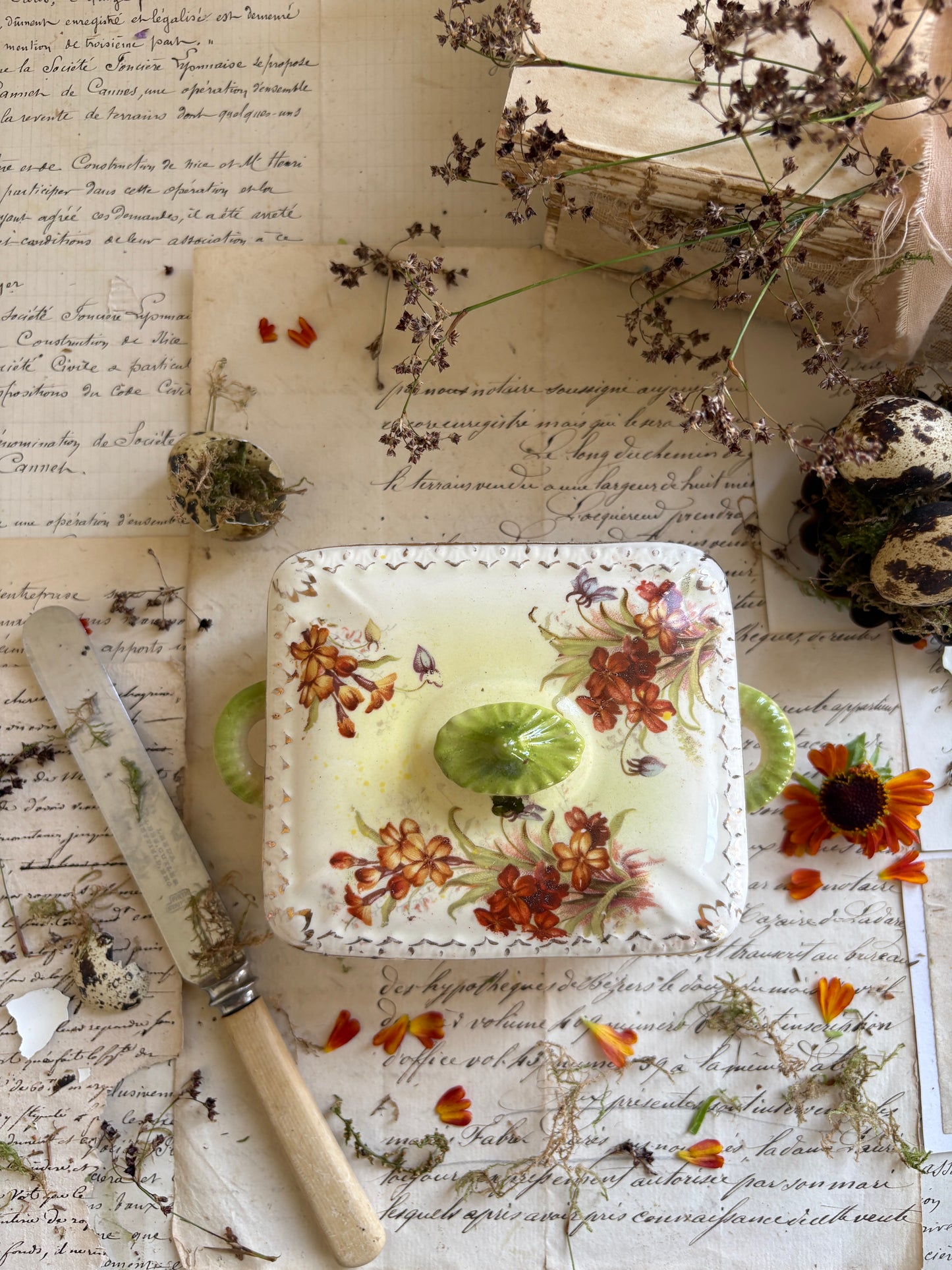 Vintage Floral Ceramic Butter Dish with Gilded Finial Lid