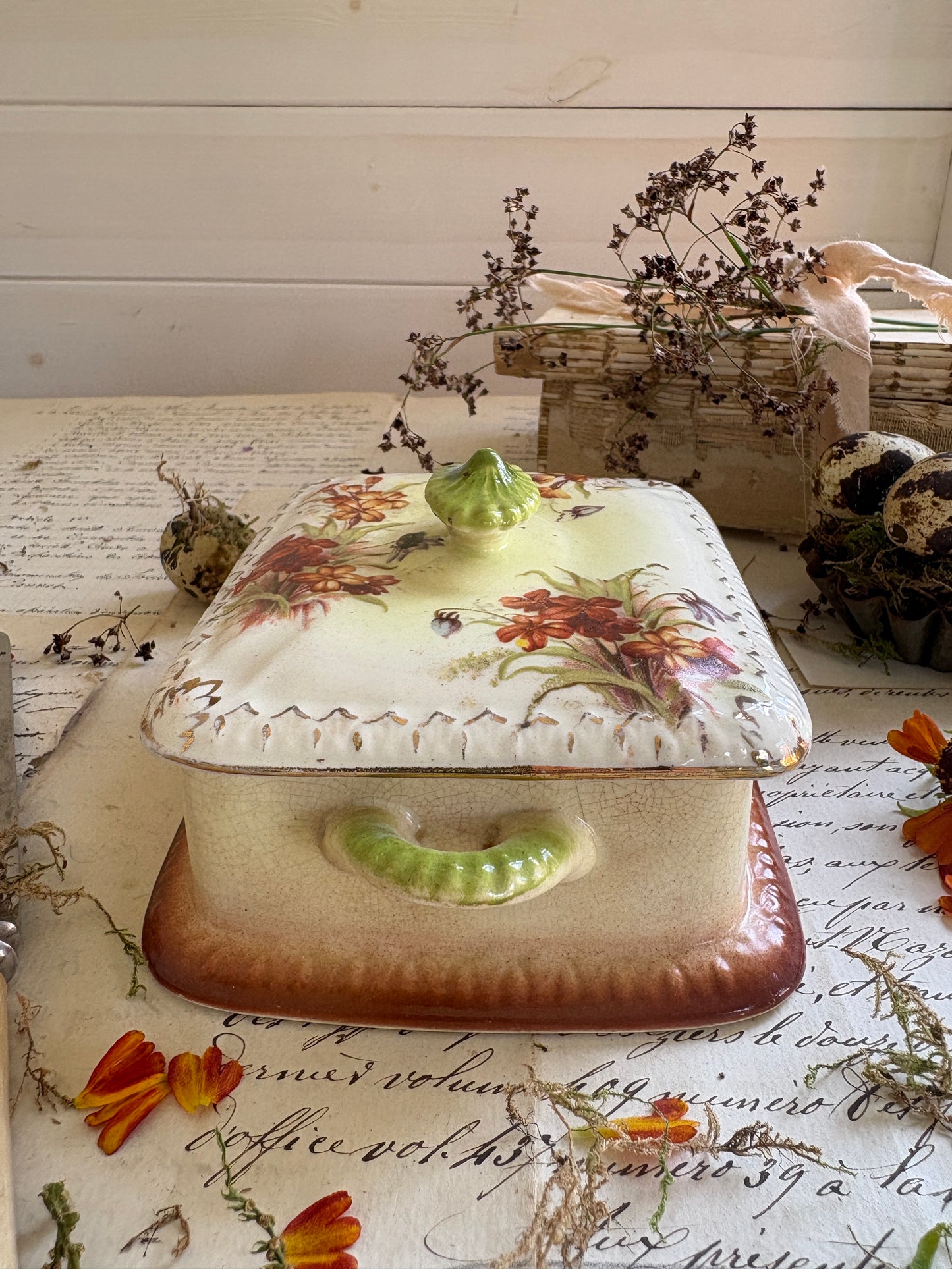 Vintage Floral Ceramic Butter Dish with Gilded Finial Lid