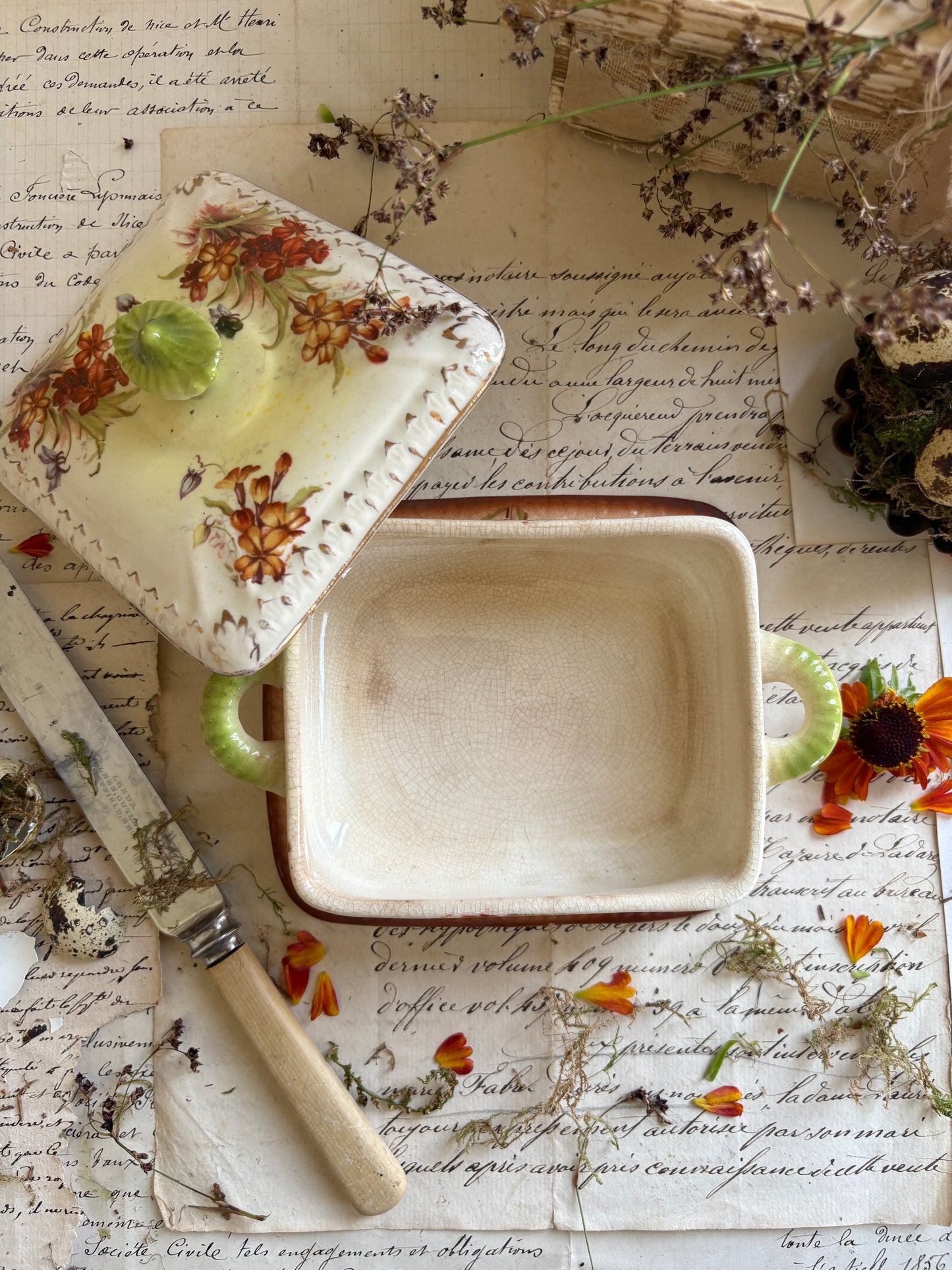 Vintage Floral Ceramic Butter Dish with Gilded Finial Lid