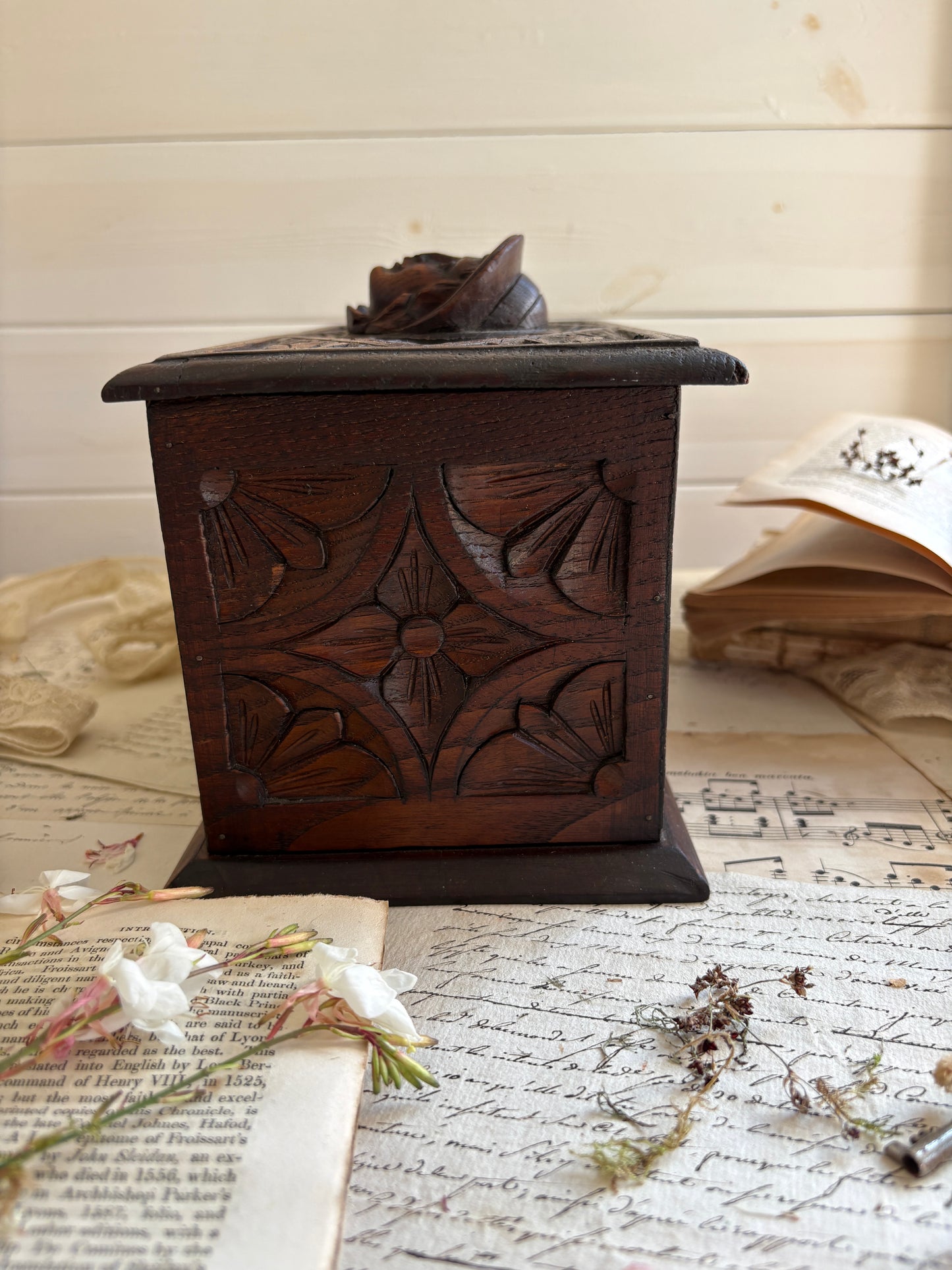Antique French Carved Wooden Lidded Box with Figural Head