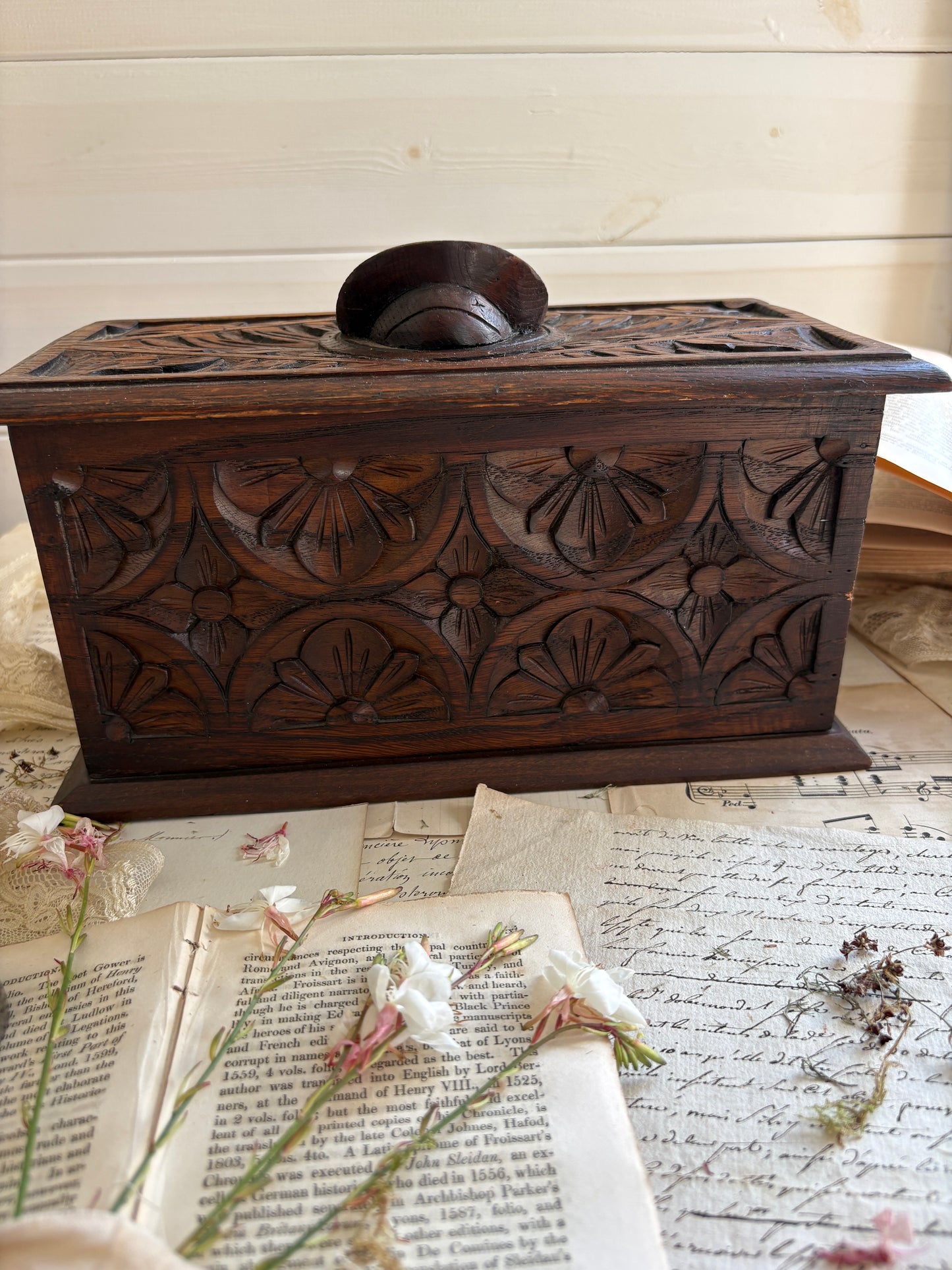 Antique French Carved Wooden Lidded Box with Figural Head
