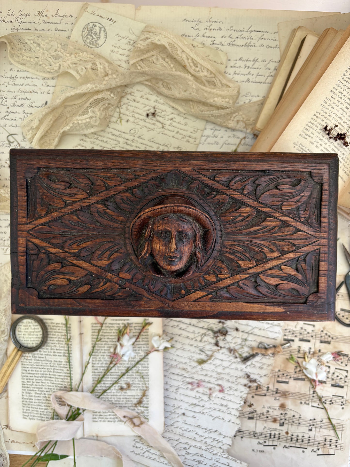 Antique French Carved Wooden Lidded Box with Figural Head