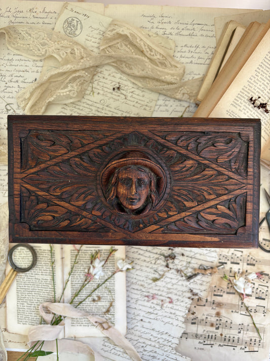 Antique French Carved Wooden Lidded Box with Figural Head