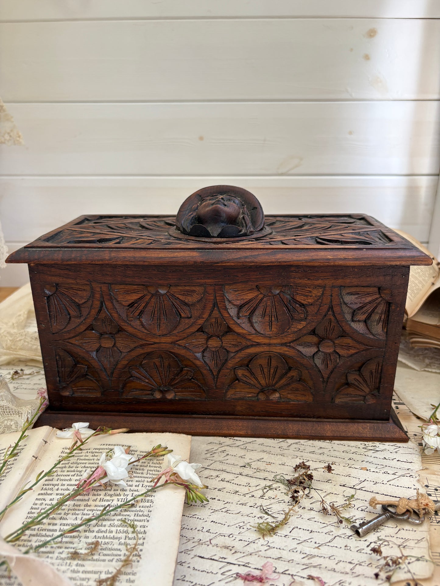 Antique French Carved Wooden Lidded Box with Figural Head