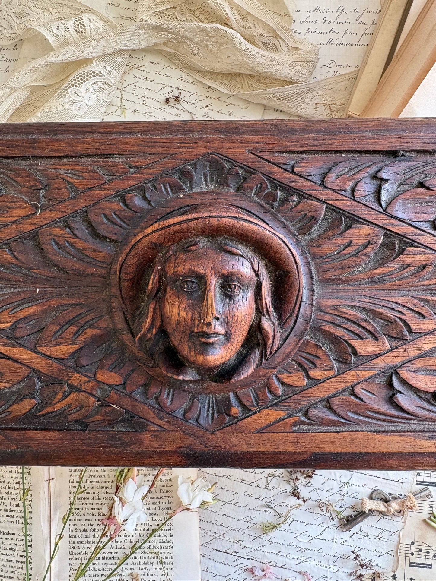 Antique French Carved Wooden Lidded Box with Figural Head