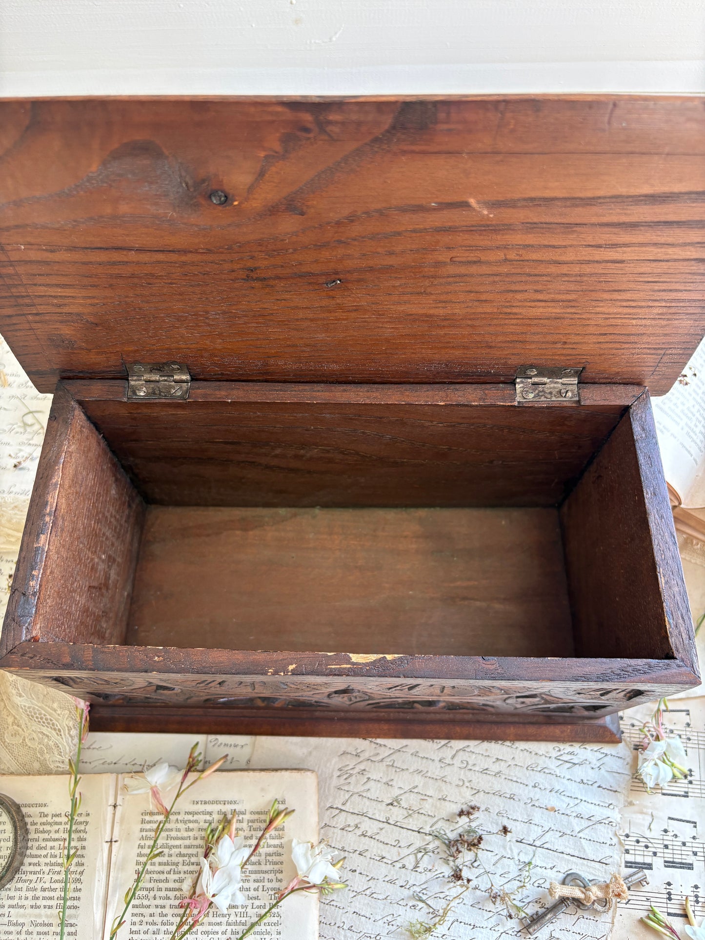 Antique French Carved Wooden Lidded Box with Figural Head