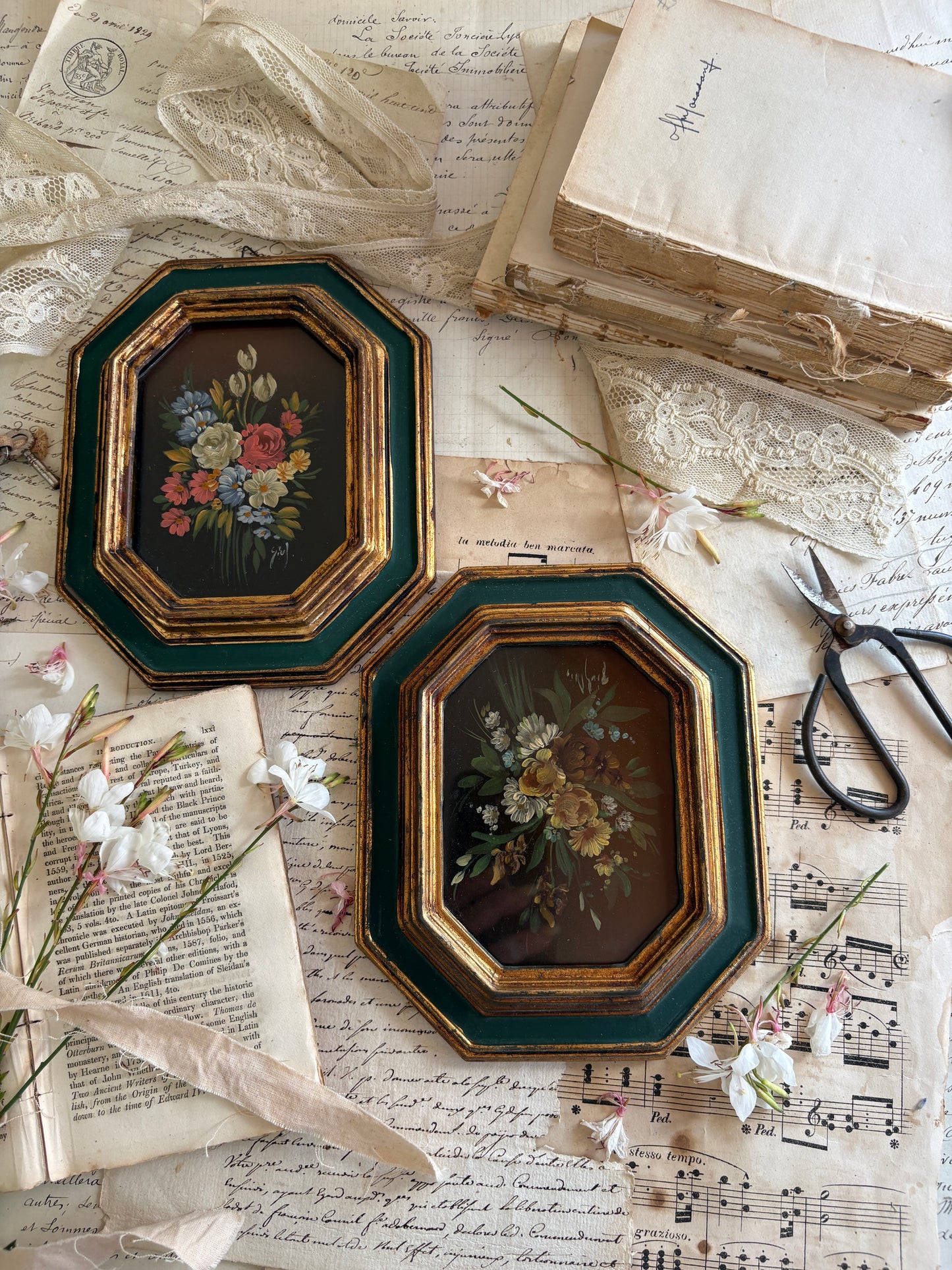 Pair of Vintage Mid-Century Italian Florentine Miniature Oil Paintings