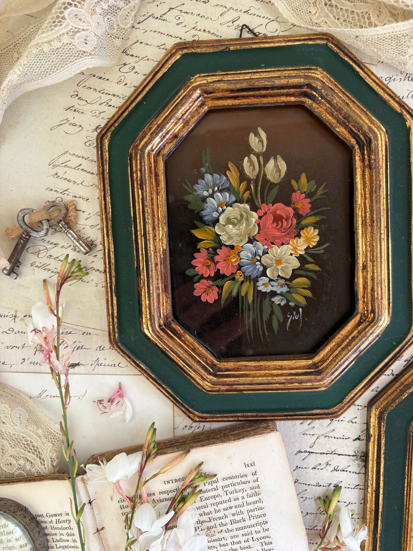 Pair of Vintage Mid-Century Italian Florentine Miniature Oil Paintings