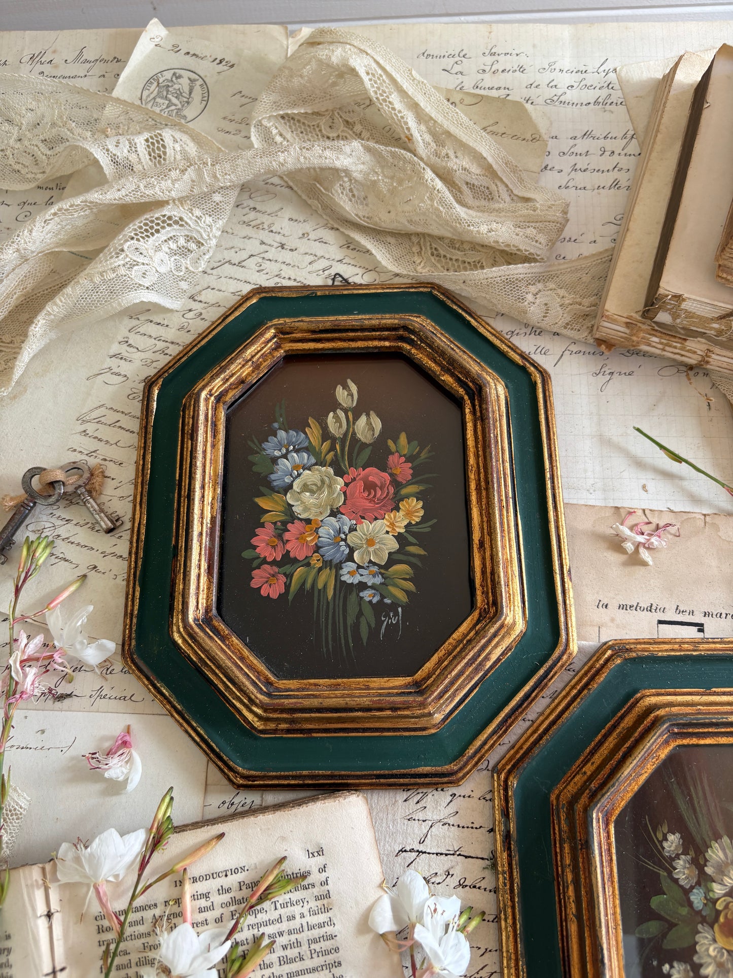 Pair of Vintage Mid-Century Italian Florentine Miniature Oil Paintings