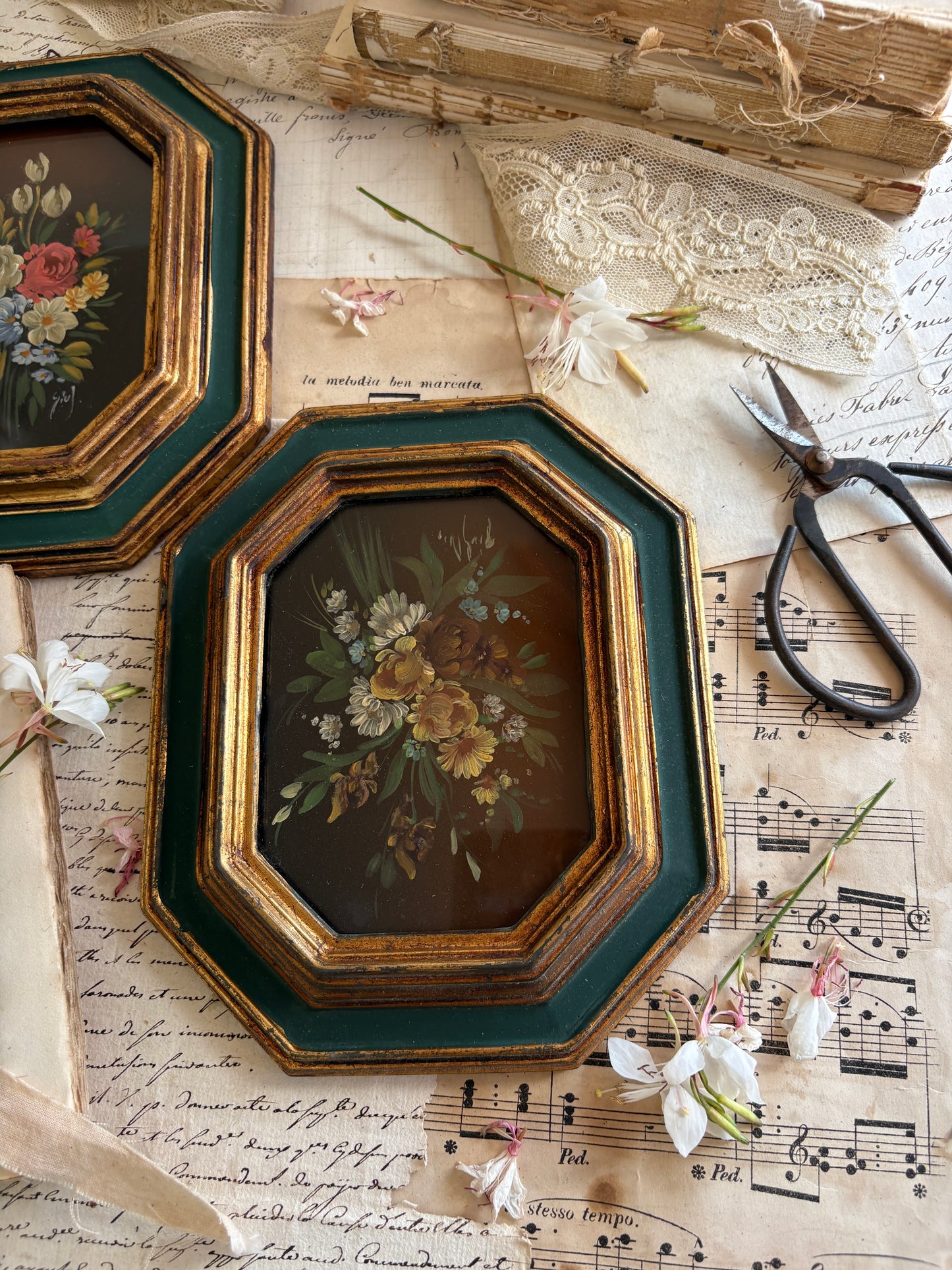 Pair of Vintage Mid-Century Italian Florentine Miniature Oil Paintings