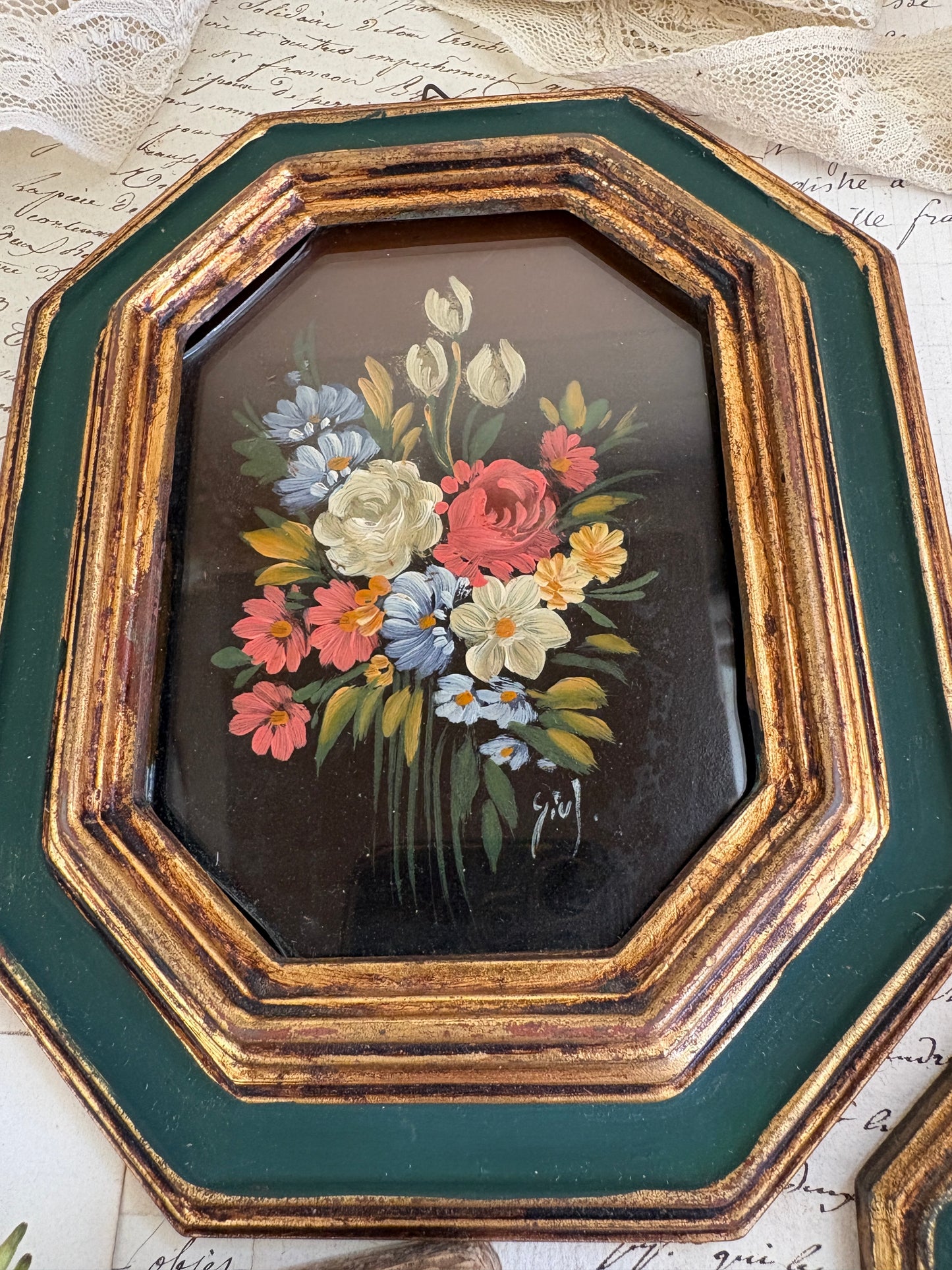 Pair of Vintage Mid-Century Italian Florentine Miniature Oil Paintings