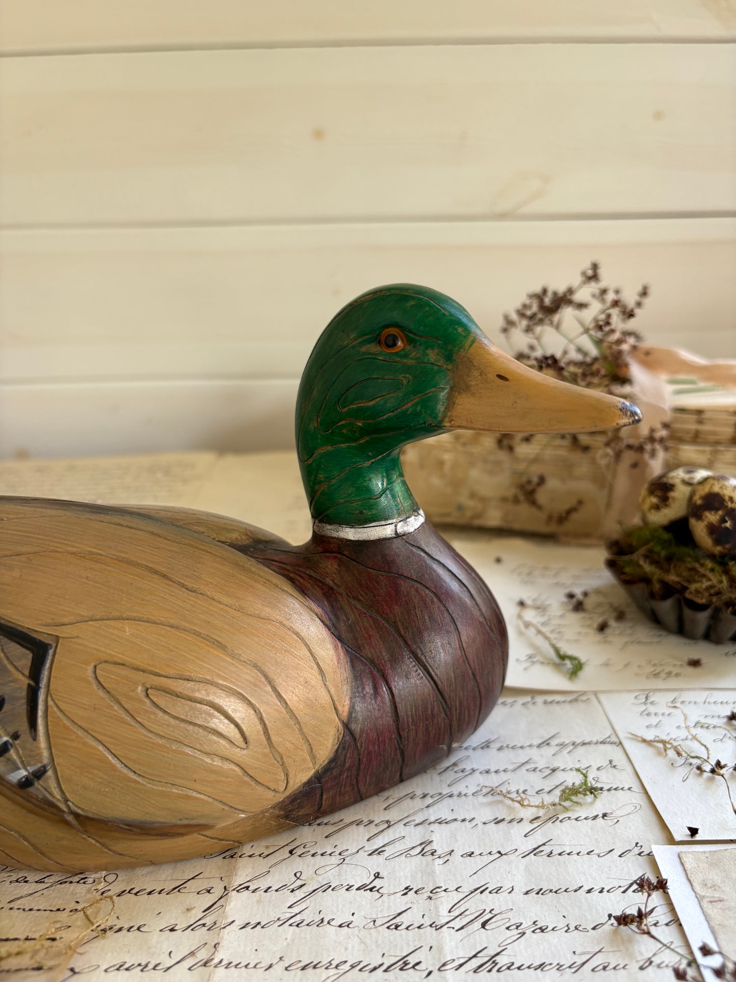 Vintage Hand Carved & Hand Painted Wooden Mallard Duck Decoy