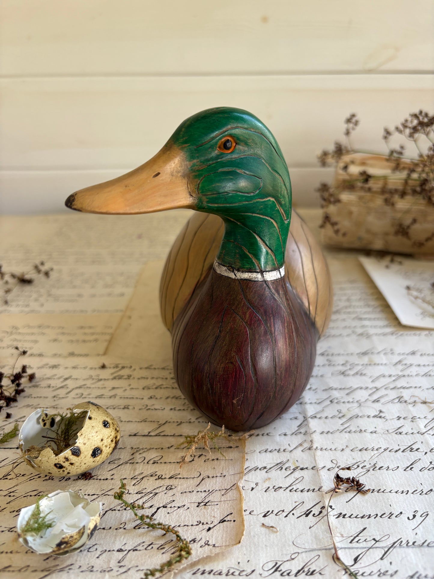 Vintage Hand Carved & Hand Painted Wooden Mallard Duck Decoy