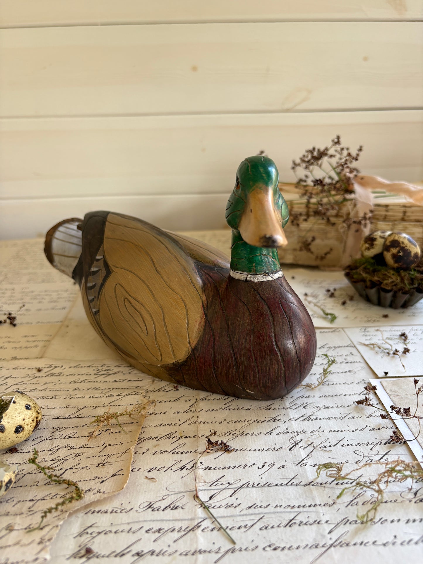 Vintage Hand Carved & Hand Painted Wooden Mallard Duck Decoy