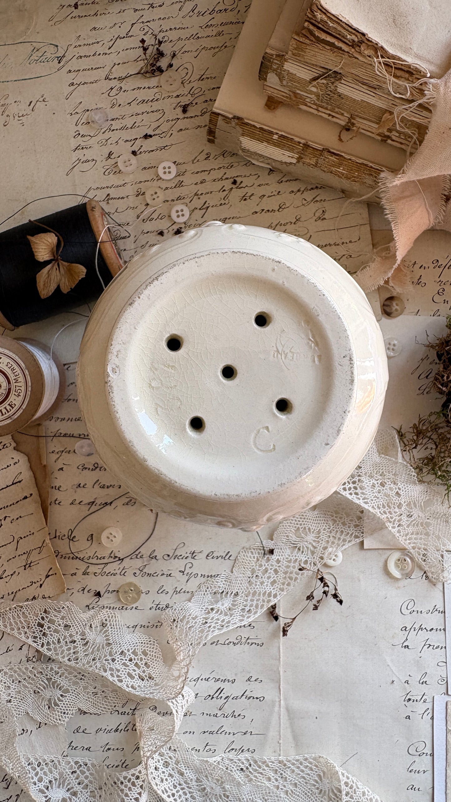Vintage French Glazed Ceramic Faisselle Cheese Strainer