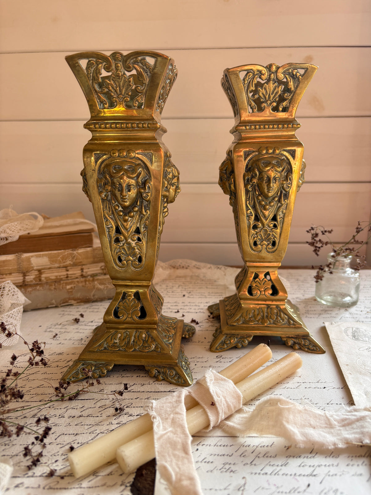 Pair of Antique 19th Century French Neoclassical Brass Spill Vases