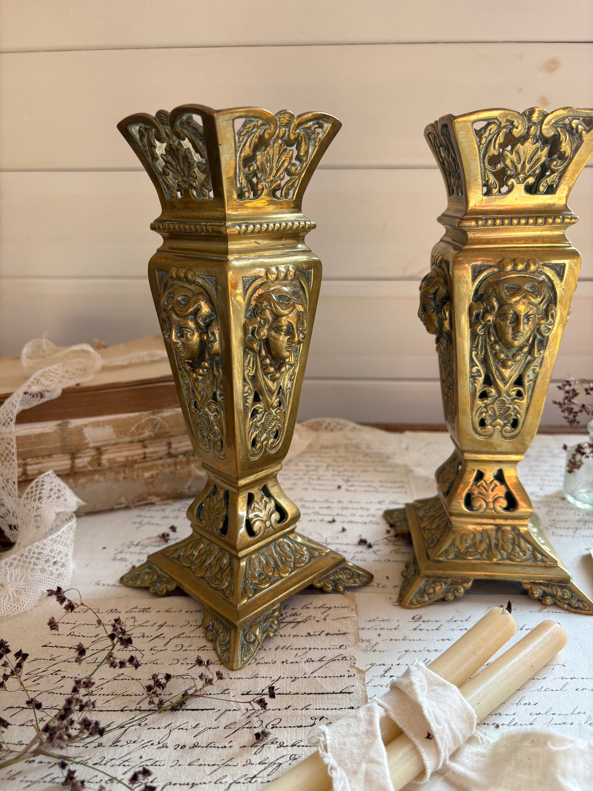 Pair of Antique 19th Century French Neoclassical Brass Spill Vases