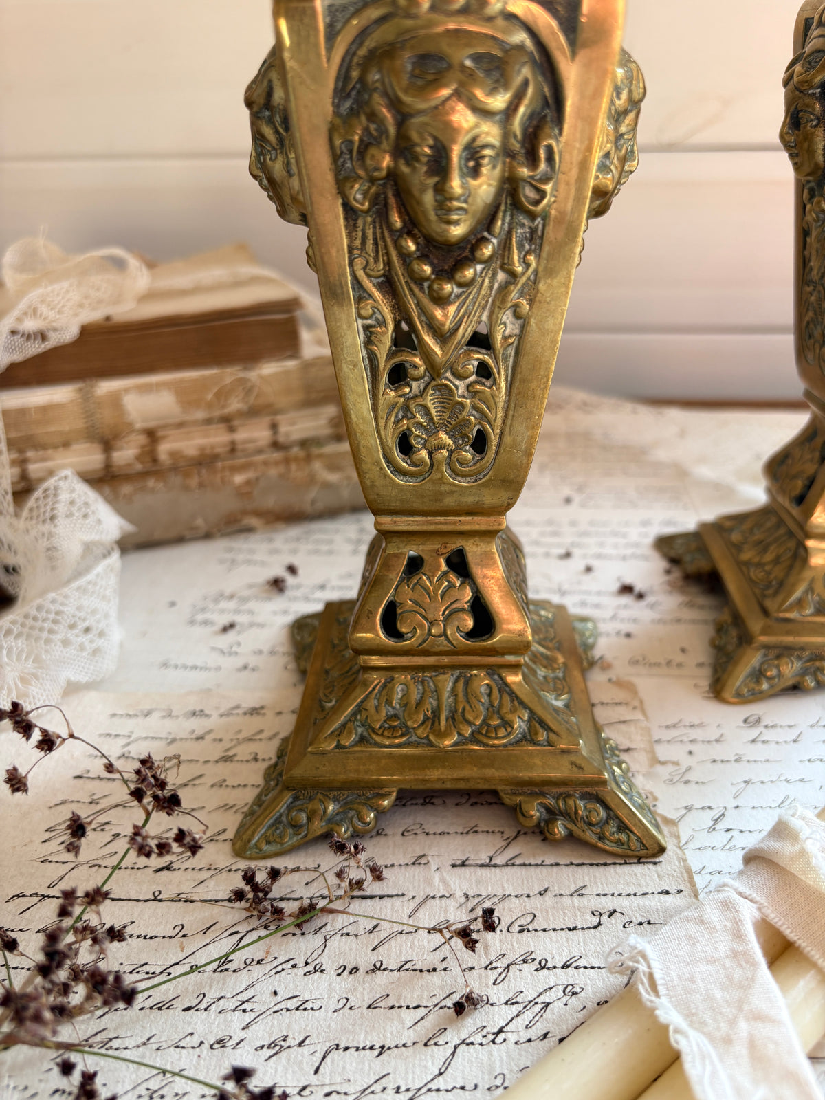 Pair of Antique 19th Century French Neoclassical Brass Spill Vases