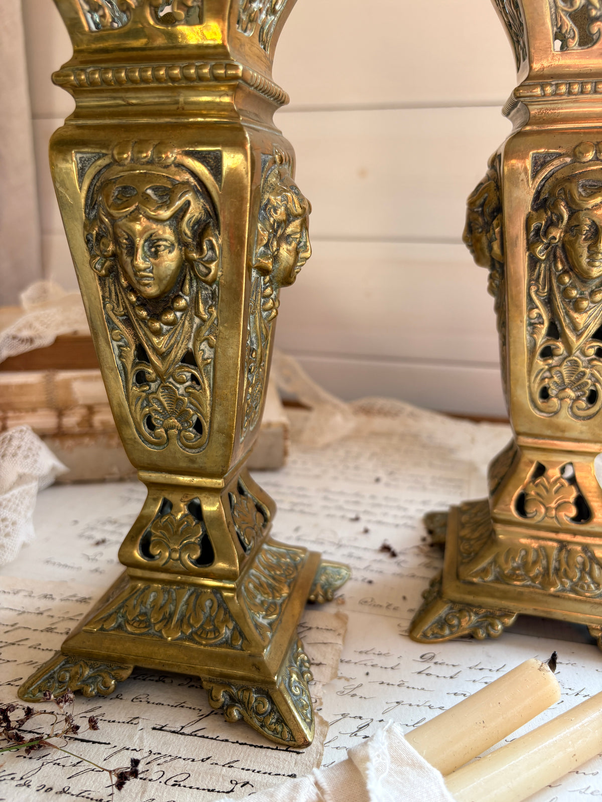 Pair of Antique 19th Century French Neoclassical Brass Spill Vases