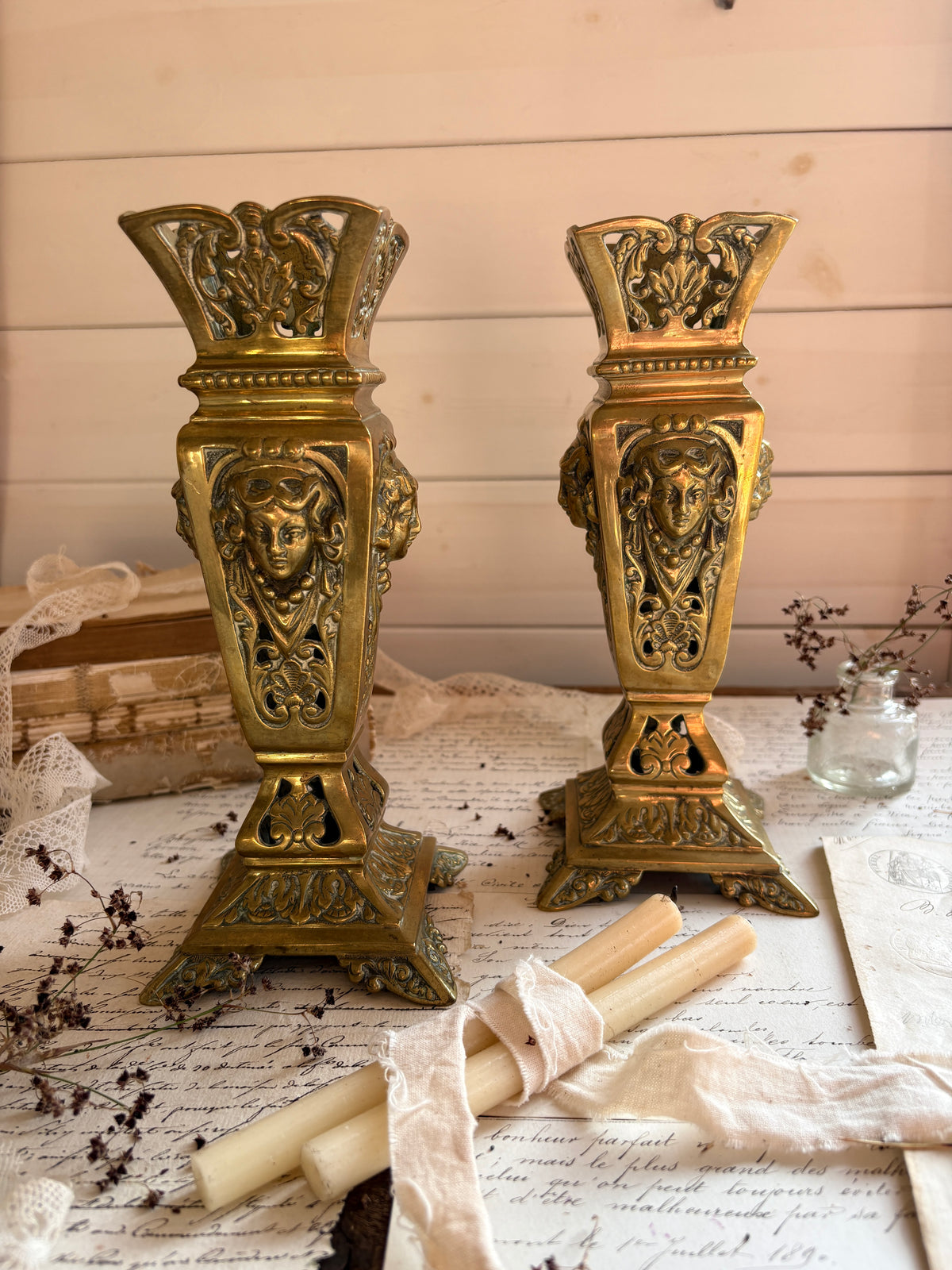 Pair of Antique 19th Century French Neoclassical Brass Spill Vases