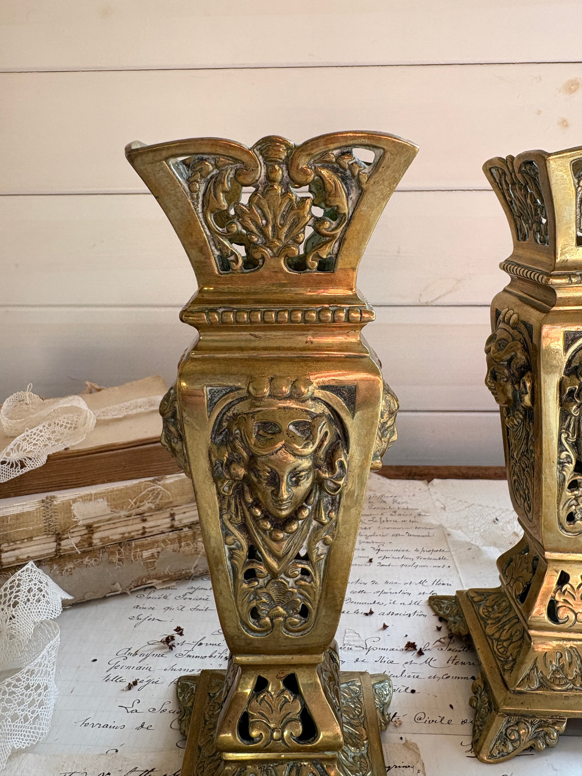 Pair of Antique 19th Century French Neoclassical Brass Spill Vases