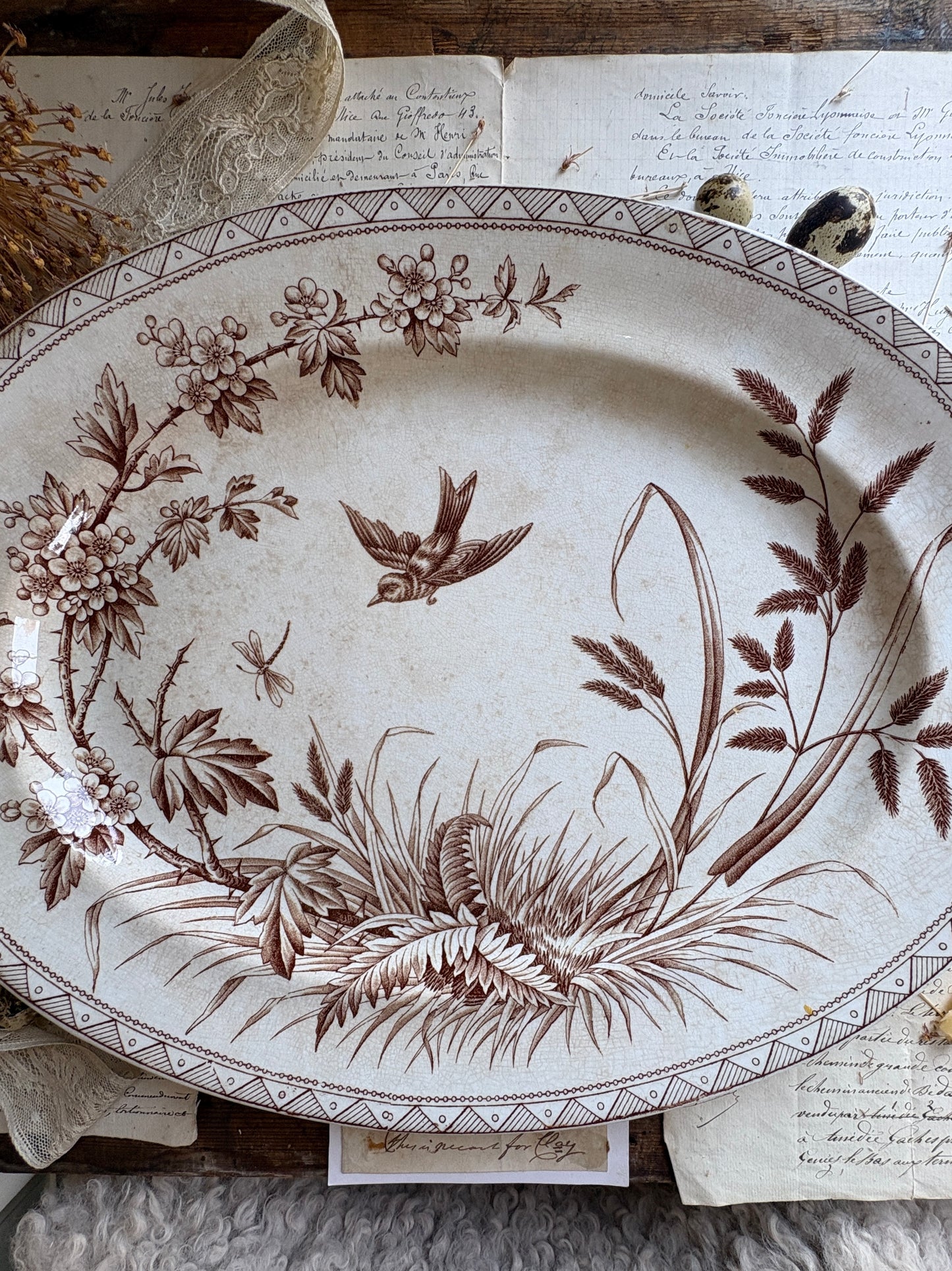 Antique Victorian T.G. Booth "Hawthorn" Brown Transferware Ironstone Platter
