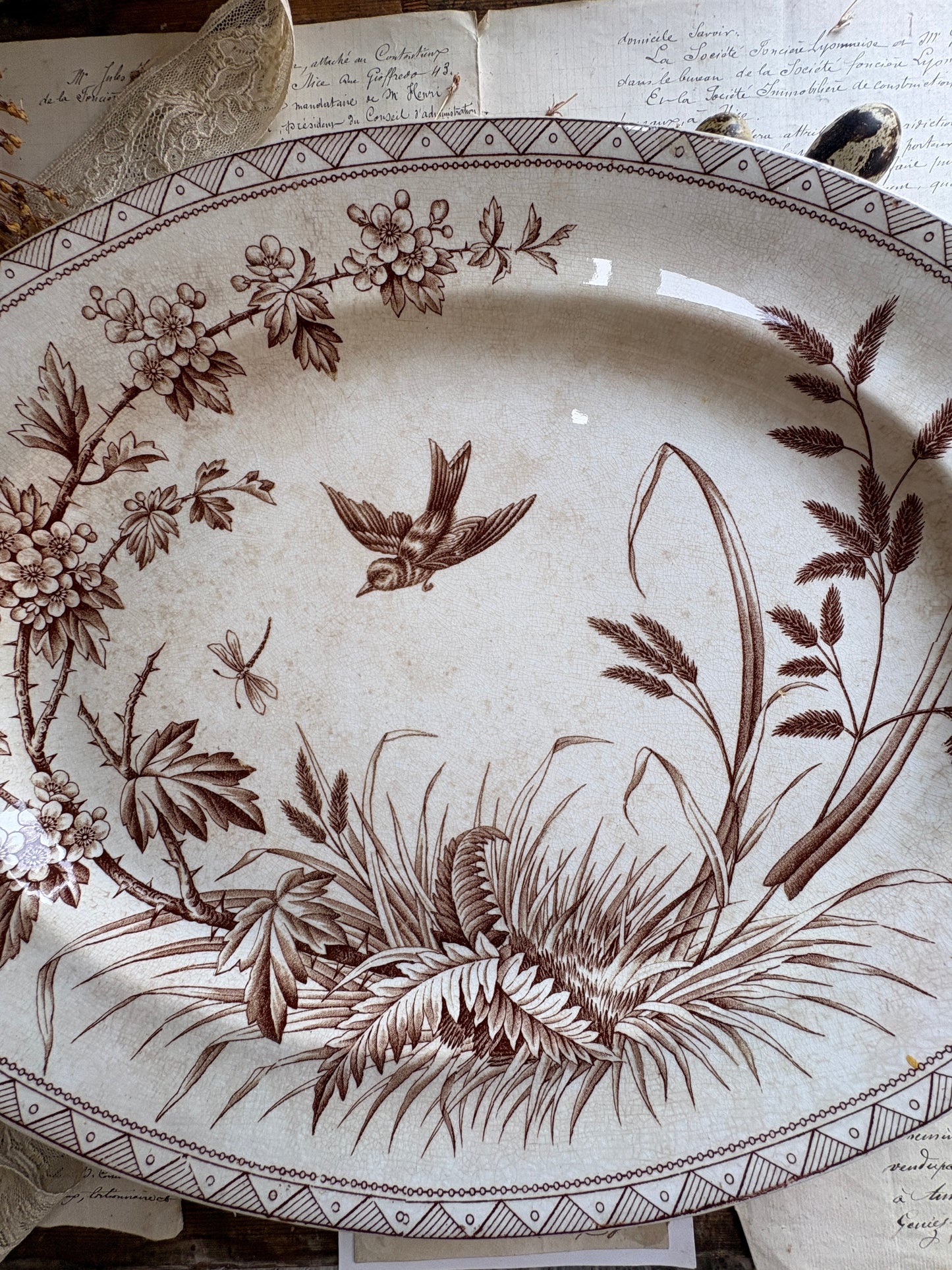 Antique Victorian T.G. Booth "Hawthorn" Brown Transferware Ironstone Platter