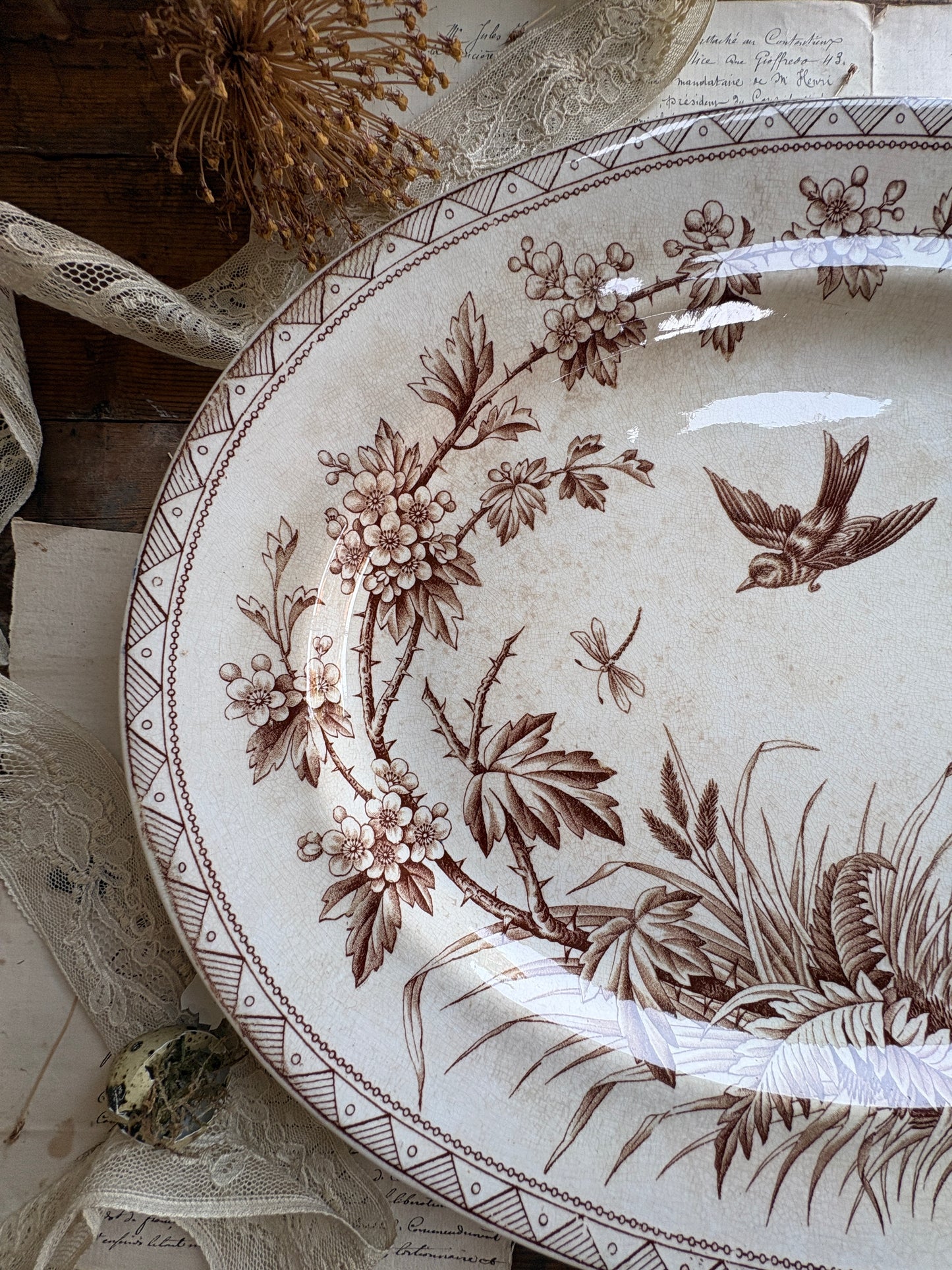 Antique Victorian T.G. Booth "Hawthorn" Brown Transferware Ironstone Platter