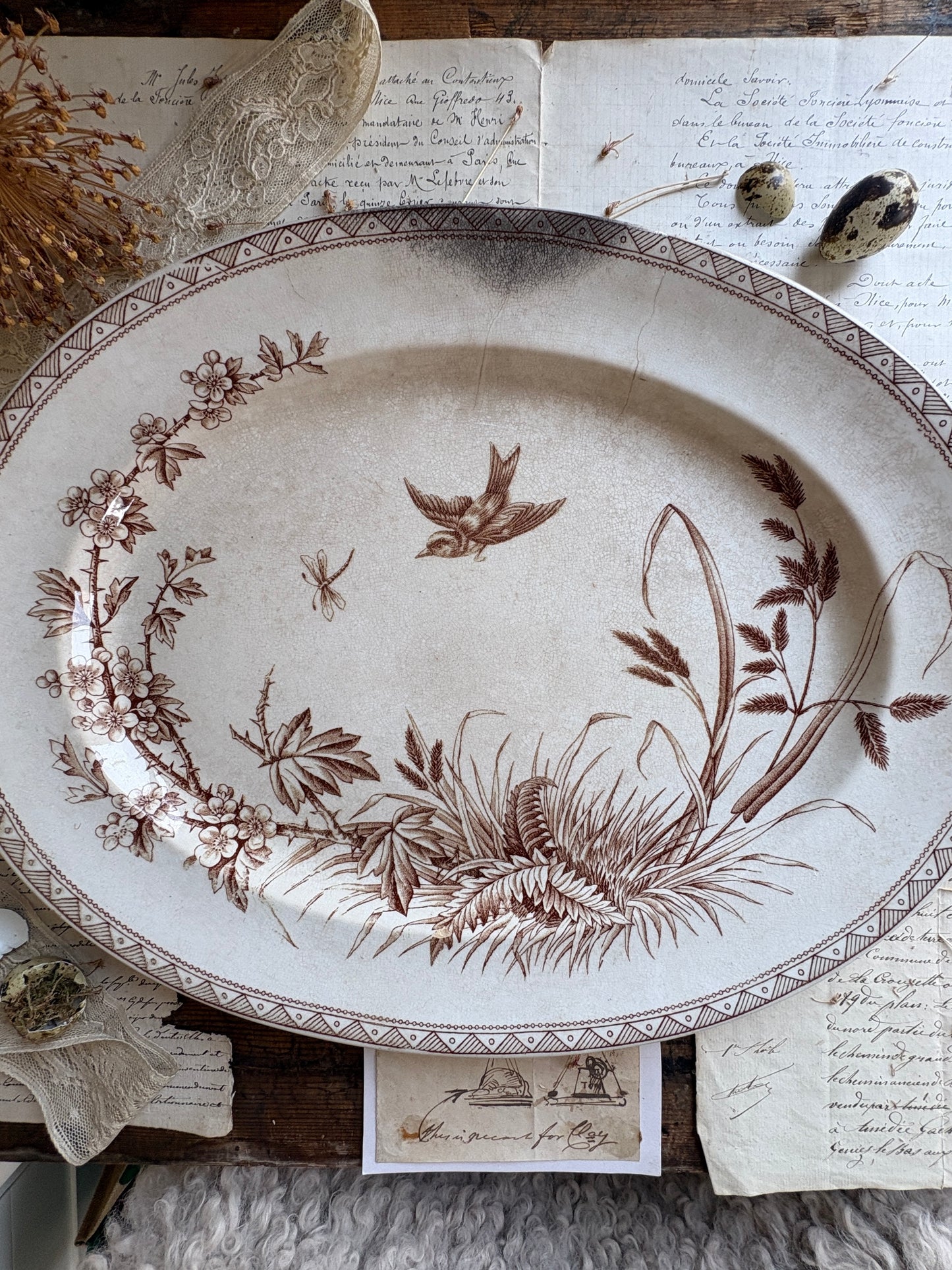 Antique Victorian T.G. Booth "Hawthorn" Brown Transferware Ironstone Platter