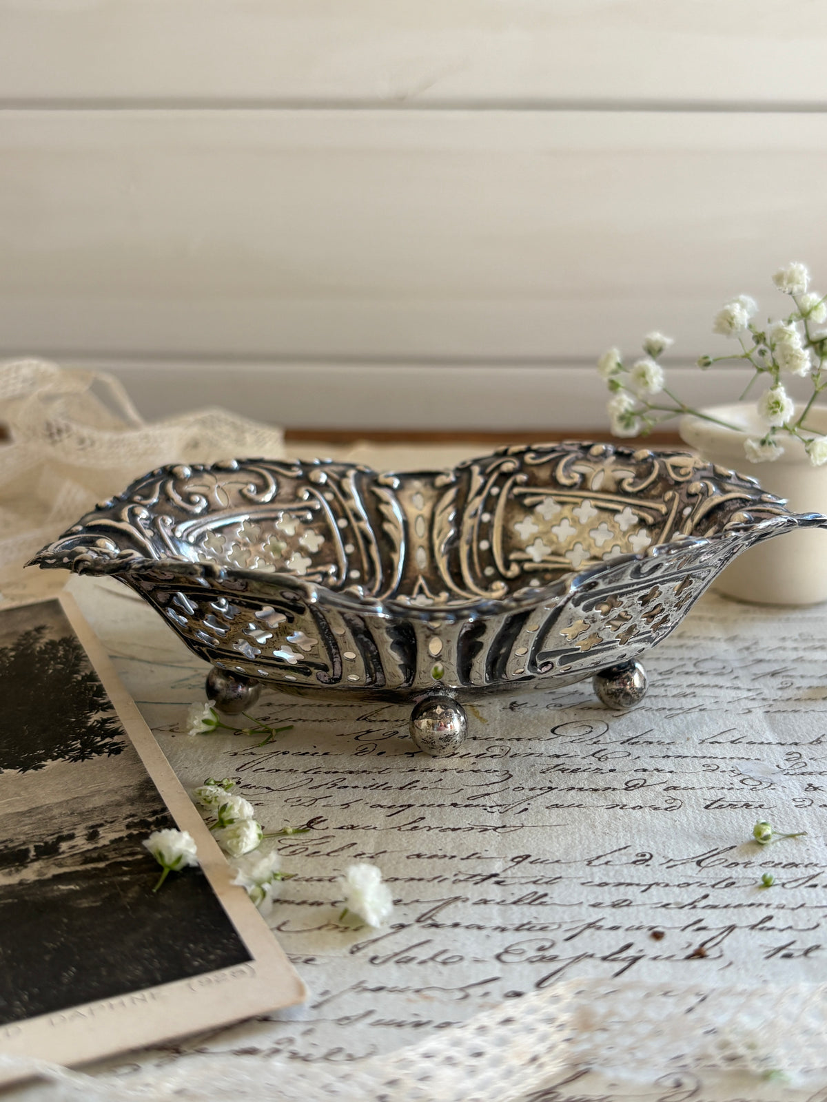Antique Edwardian Sterling Silver Pierced Bon Bon Dish