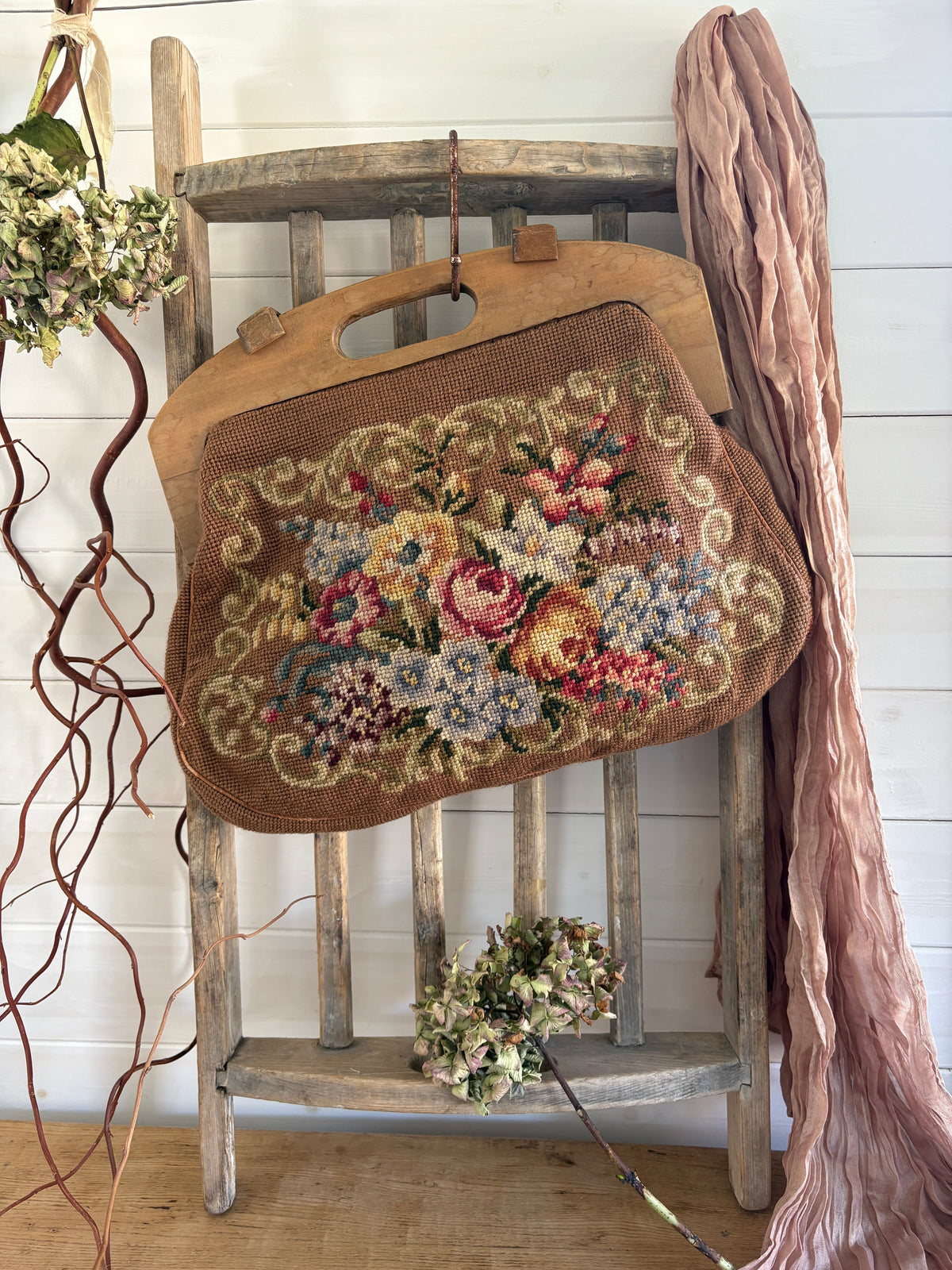 Vintage 1950s Floral Needlepoint Tote Bag with Wooden Frame