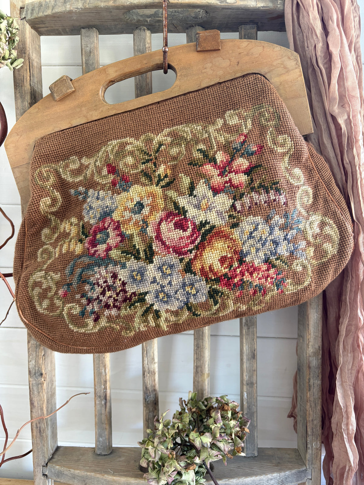 Vintage 1950s Floral Needlepoint Tote Bag with Wooden Frame