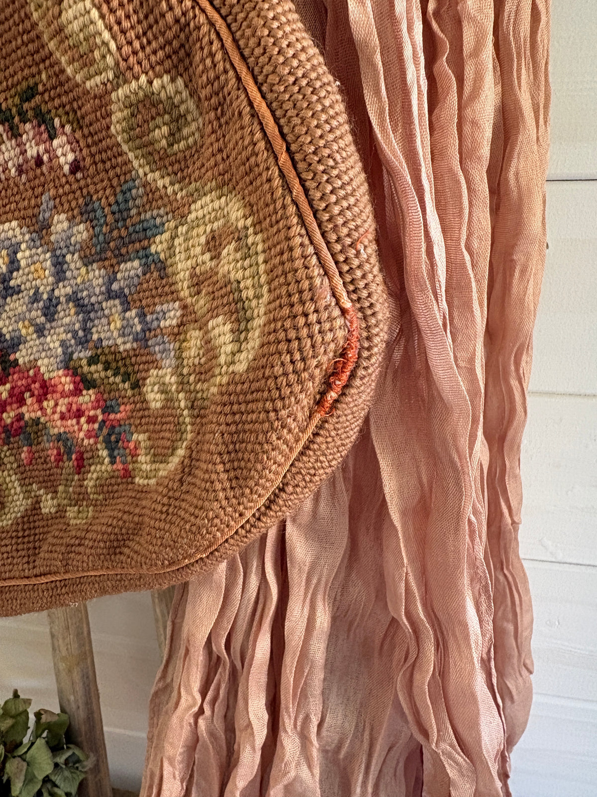 Vintage 1950s Floral Needlepoint Tote Bag with Wooden Frame