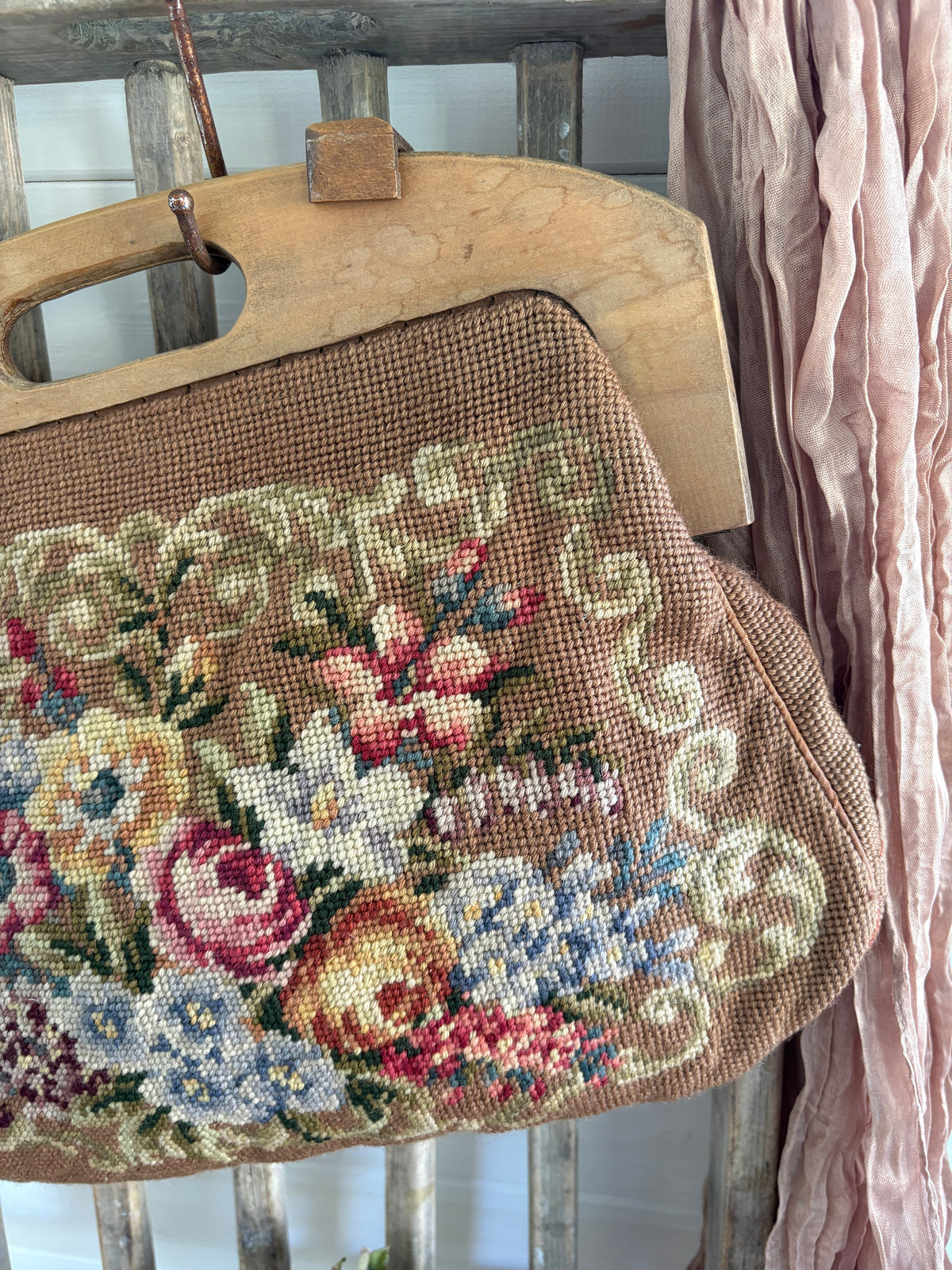 Vintage 1950s Floral Needlepoint Tote Bag with Wooden Frame