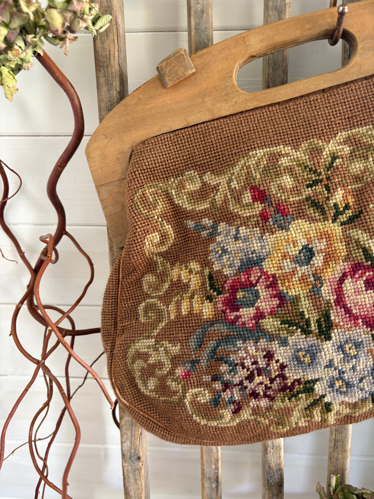 Vintage 1950s Floral Needlepoint Tote Bag with Wooden Frame