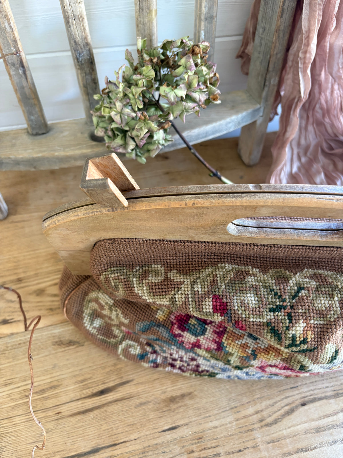 Vintage 1950s Floral Needlepoint Tote Bag with Wooden Frame