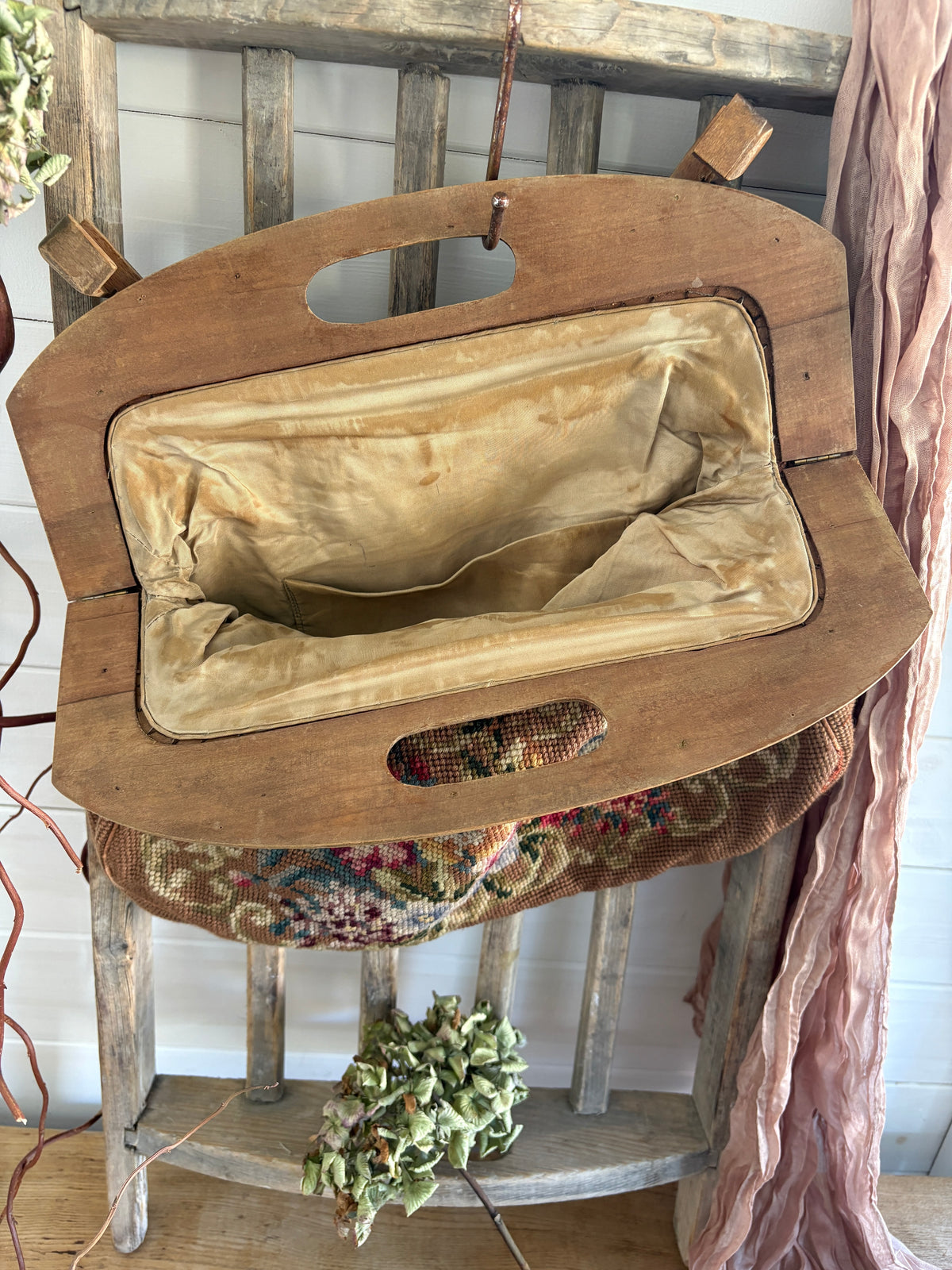 Vintage 1950s Floral Needlepoint Tote Bag with Wooden Frame