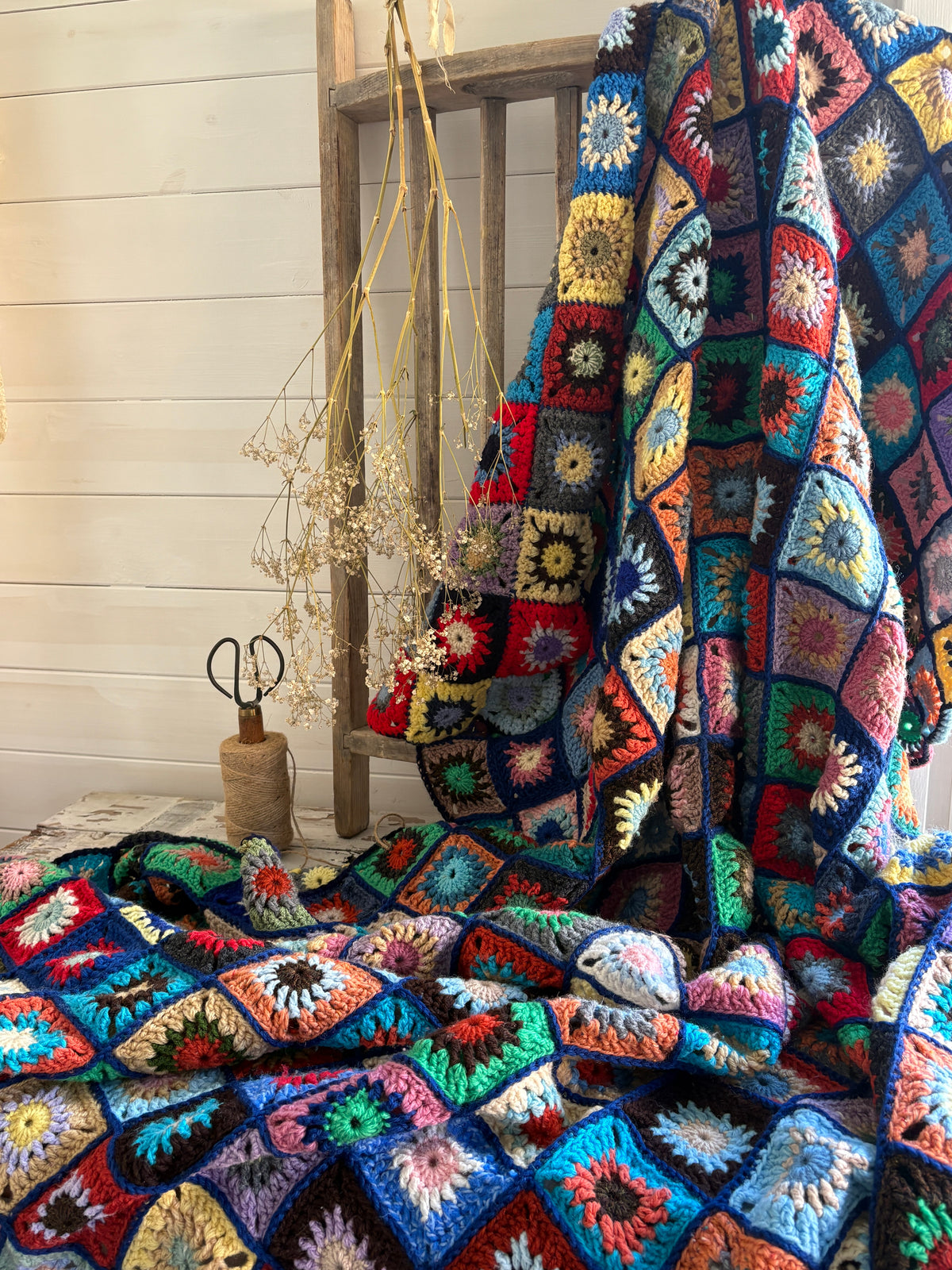 Colourful Hand Crocheted Granny Square Bedspread & Throw