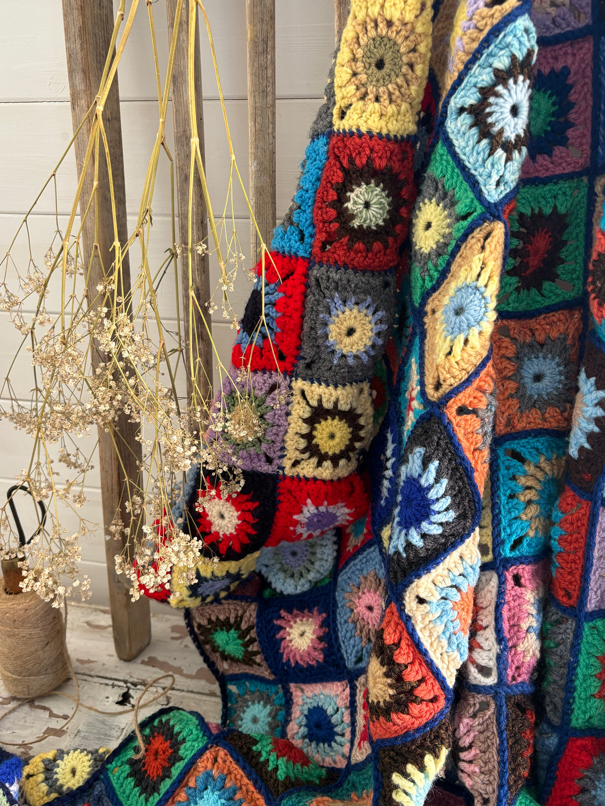 Colourful Hand Crocheted Granny Square Bedspread & Throw
