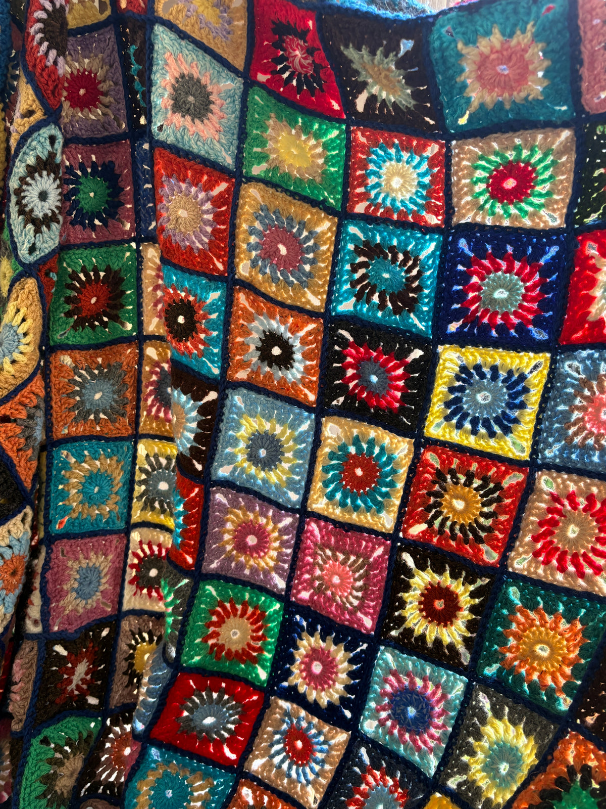 Colourful Hand Crocheted Granny Square Bedspread & Throw