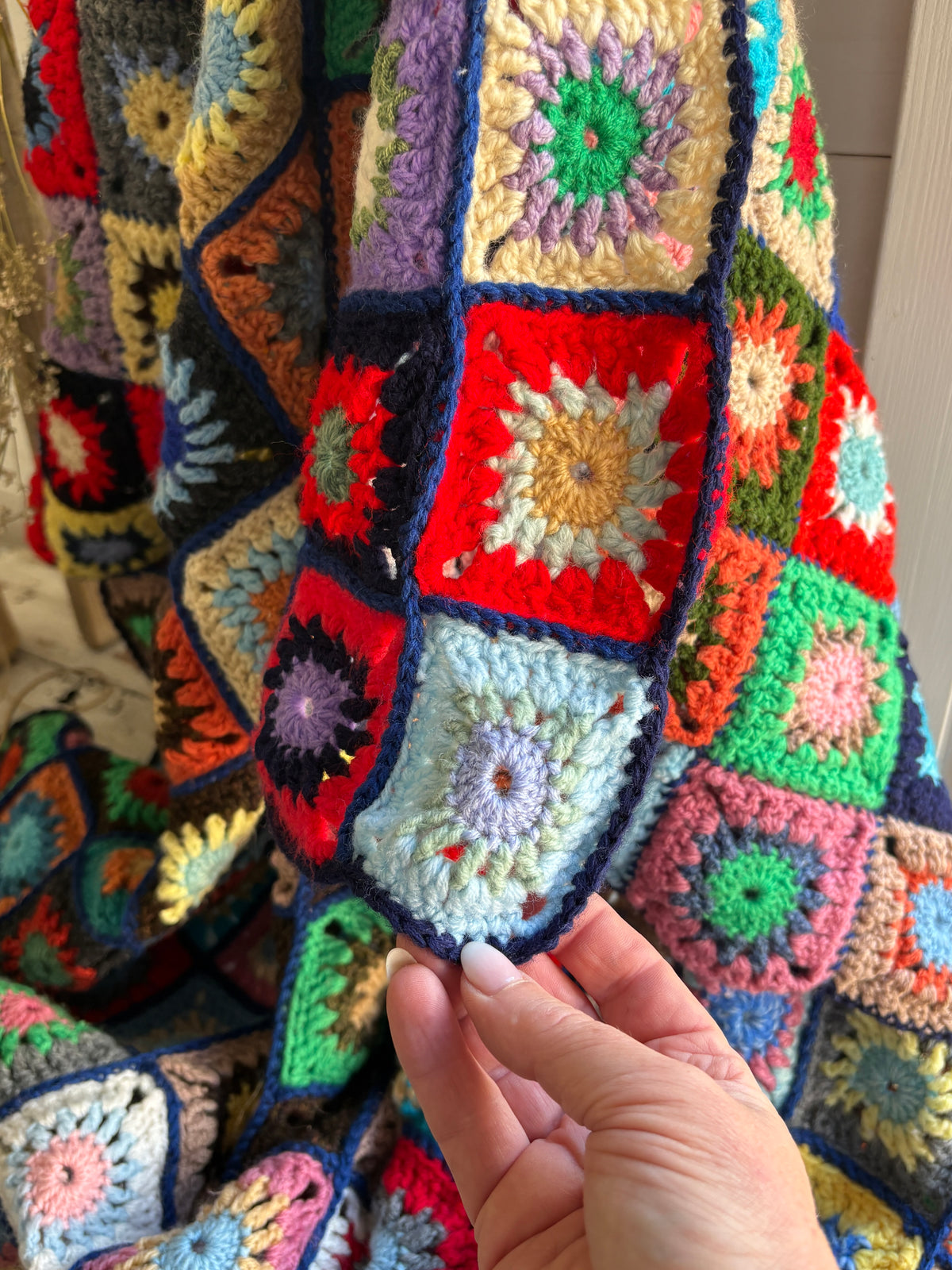 Colourful Hand Crocheted Granny Square Bedspread & Throw
