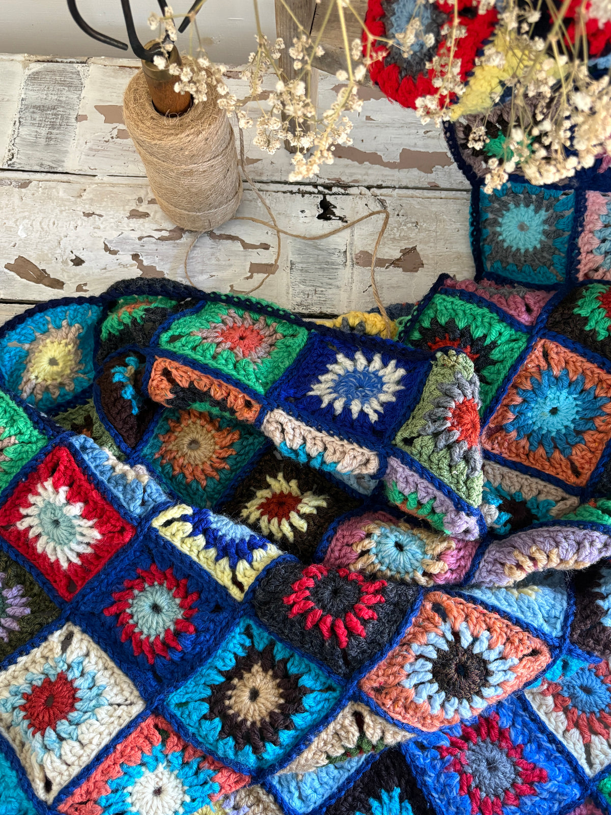 Colourful Hand Crocheted Granny Square Bedspread & Throw