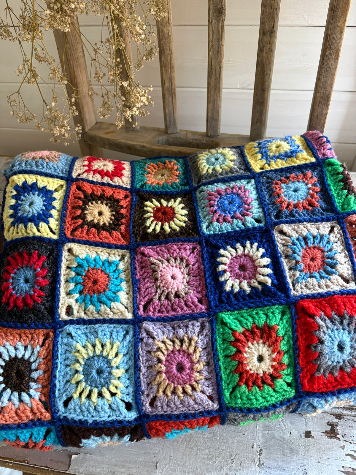 Colourful Hand Crocheted Granny Square Bedspread & Throw
