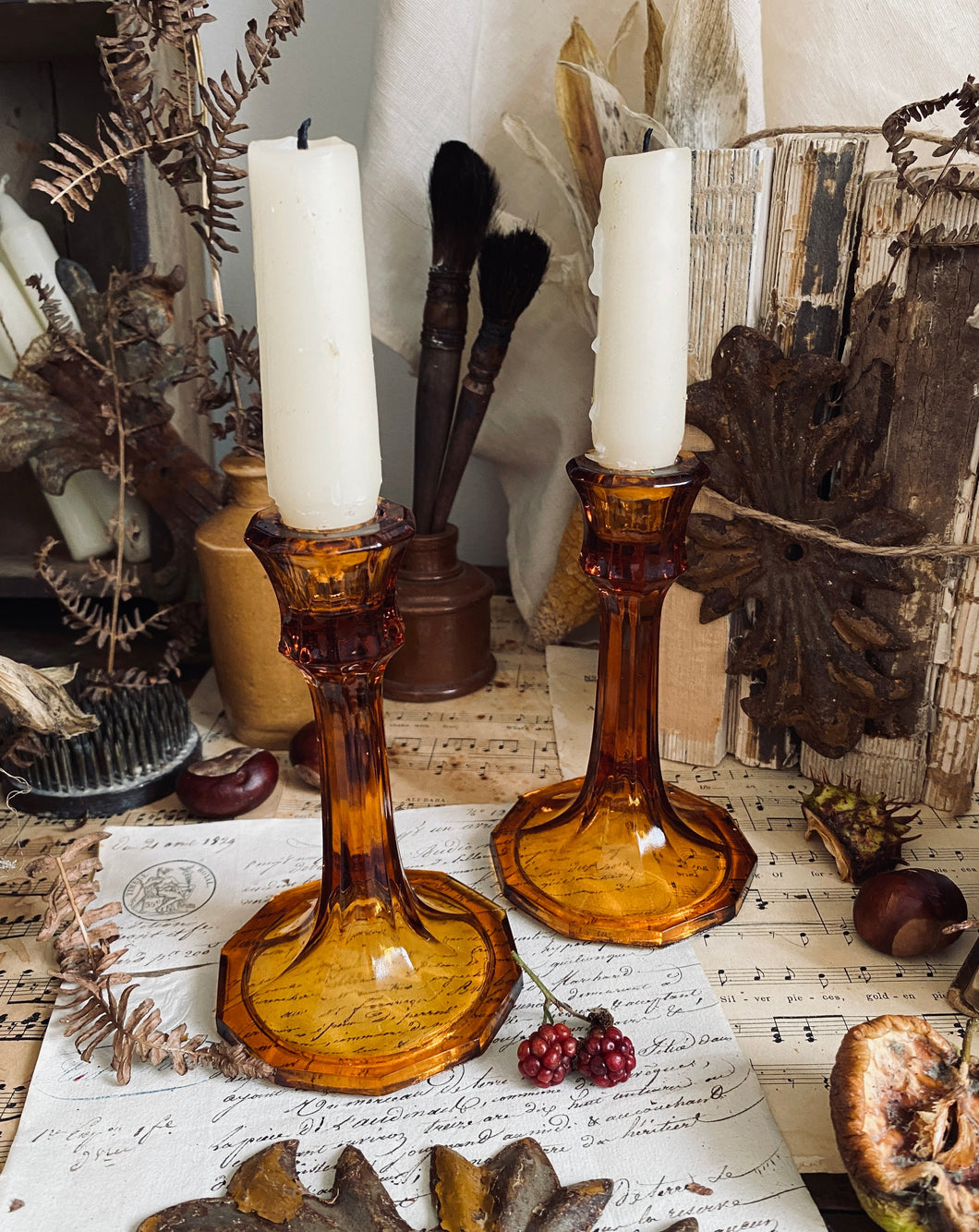 art deco style amber candlesticks